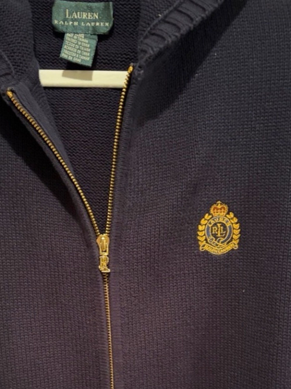 Vintage Lauren Ralph Lauren Gold Crested Sweater With Signature Zipper Pull XL